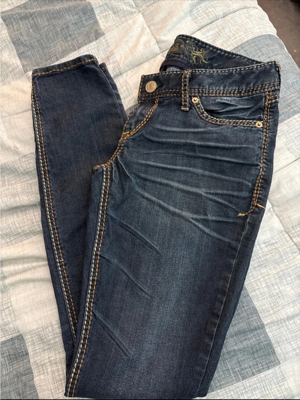 Express Women's Dark Indigo Low Rise Skinny Jeans with Contrast Stitching